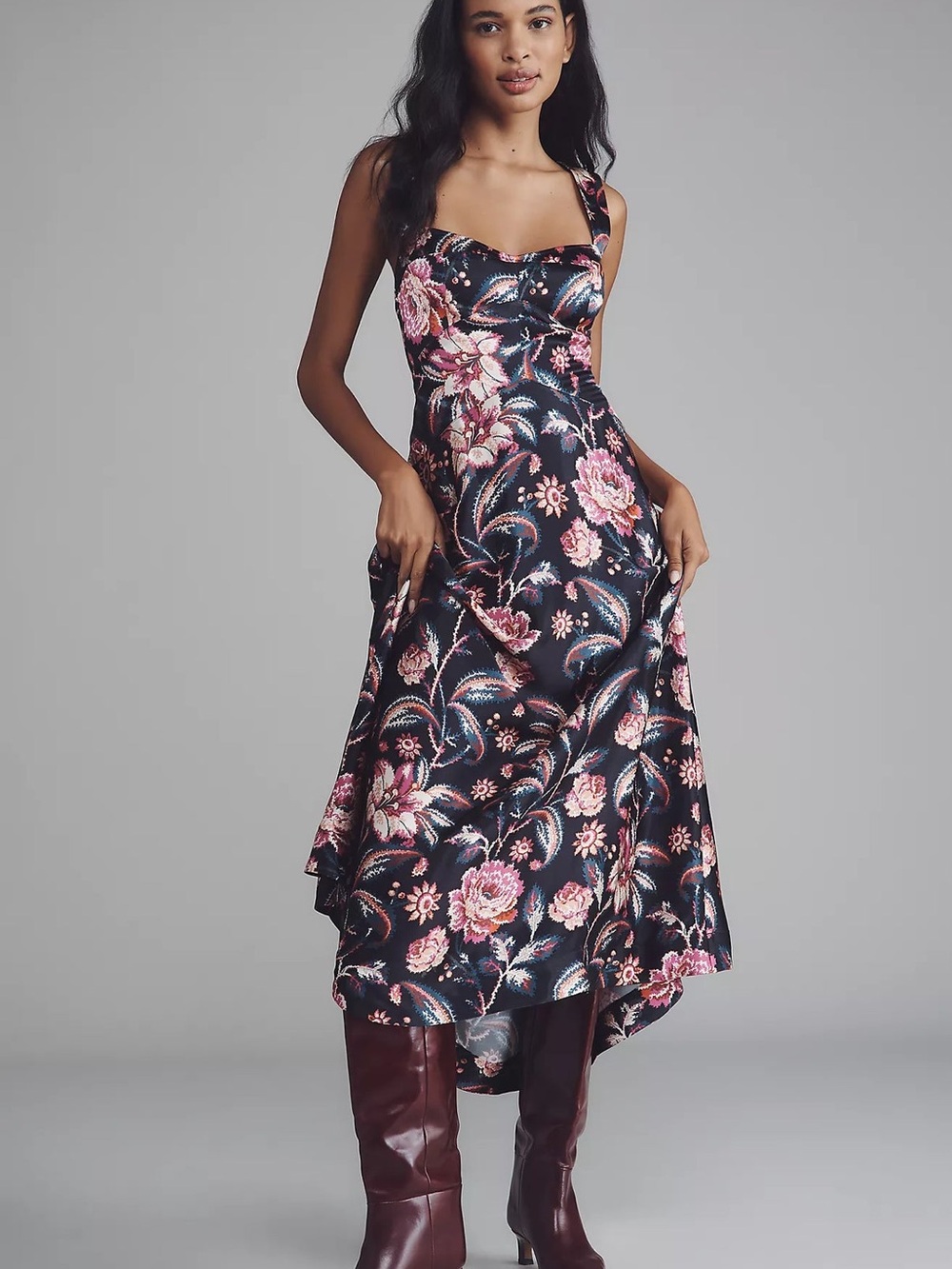 Maeve Black Midi Slip Dress with Pink Floral Print